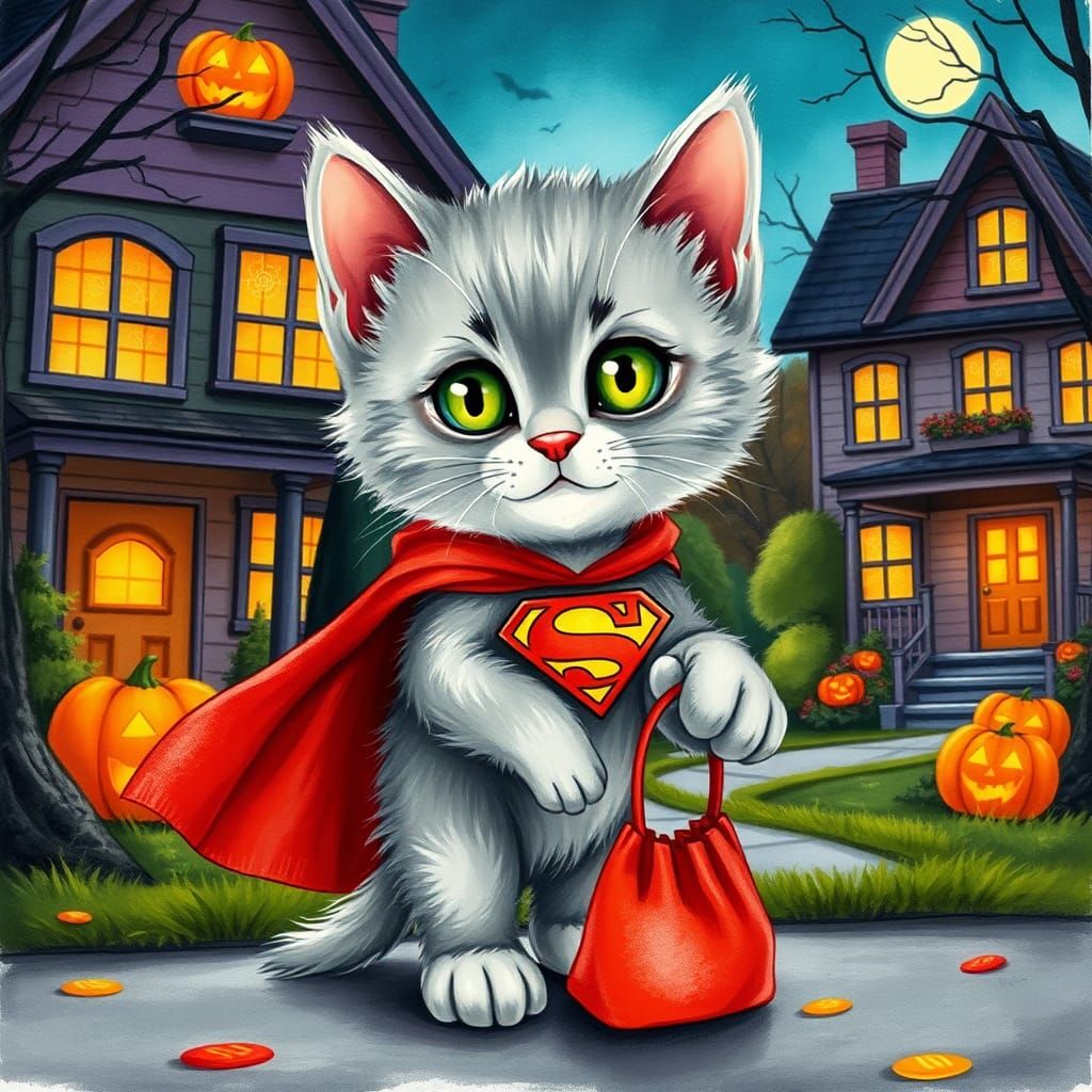 Kitten as Superman in Halloween Watercolor Illustration