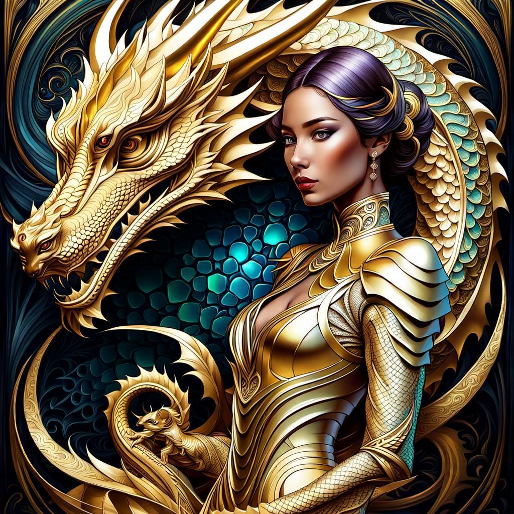 Art Nouveau Girl with Shimmering Gold Dragon
