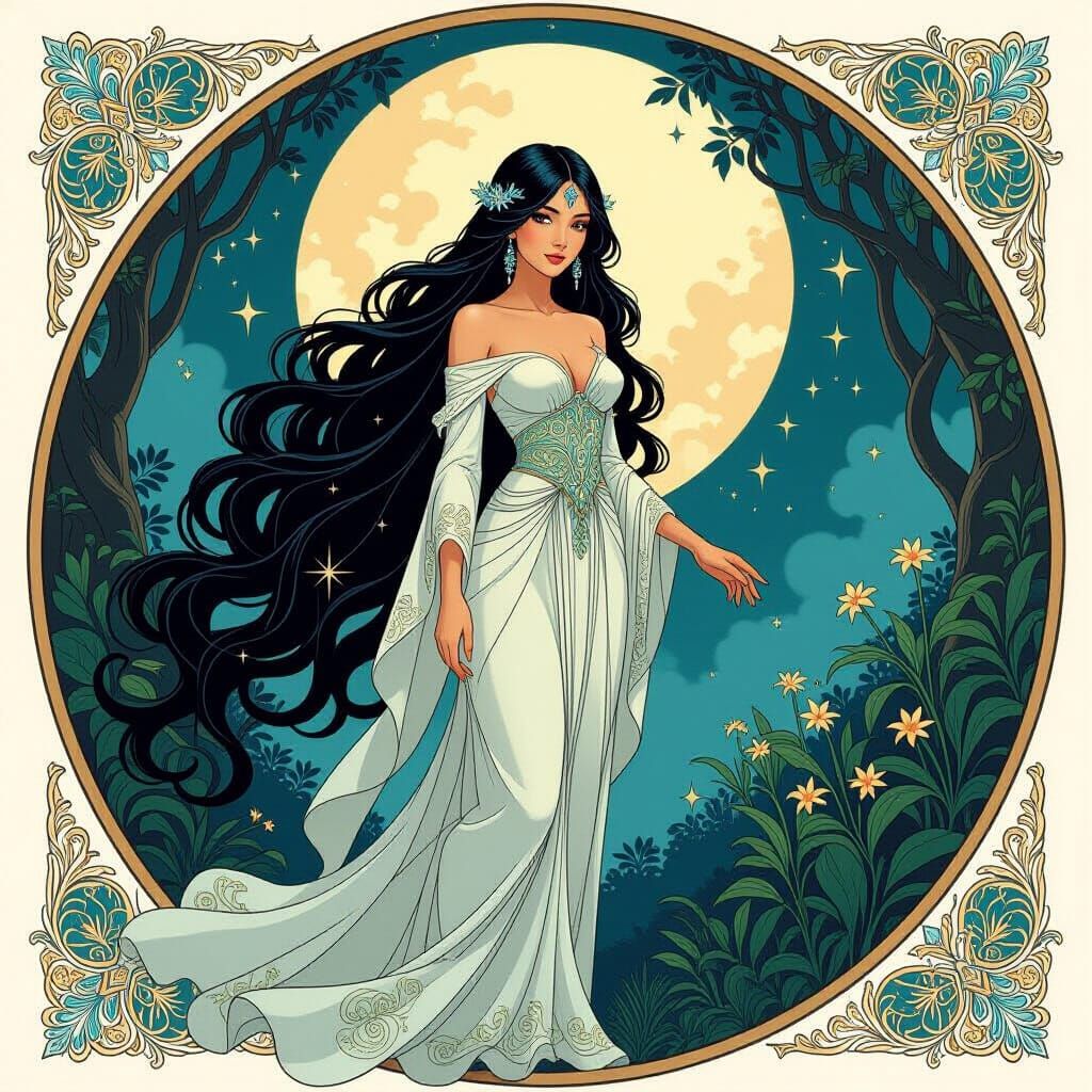 Moonlit Starlight Goddess in Art Nouveau Style