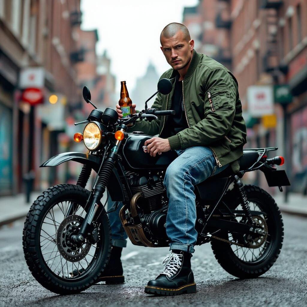Skinhead Rider on Enduro Bike in Urban Grime