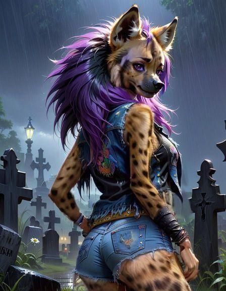 Whimsical Furry Gothic Graveyard Scene in Gouache Style