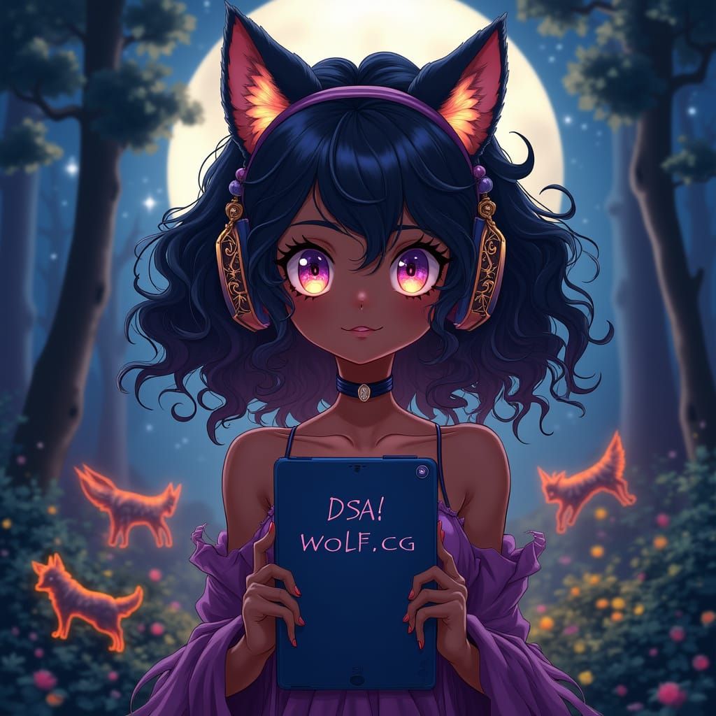 Anime Goddess Blends into Wolf Ears with Vibrant Starlit Ski...