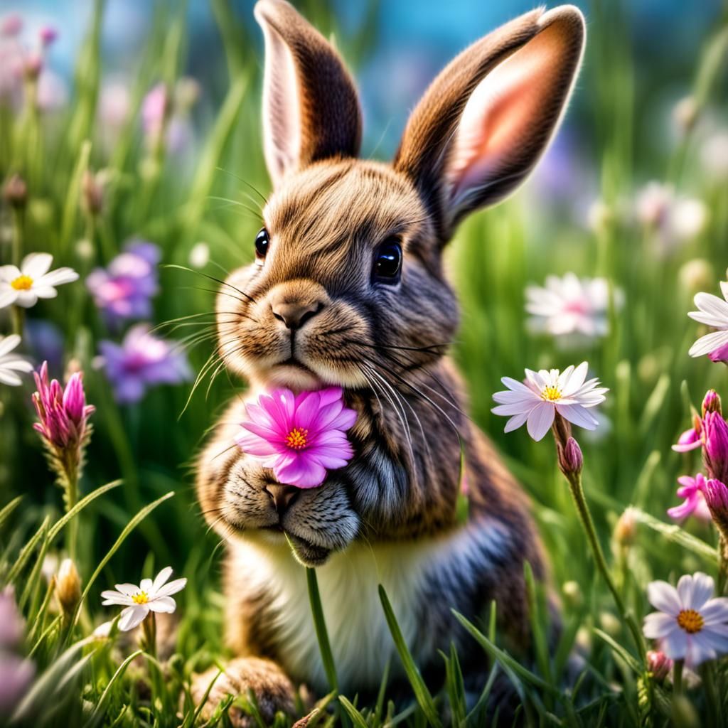 Hyperrealistic Easter Bunny in Spring Meadow