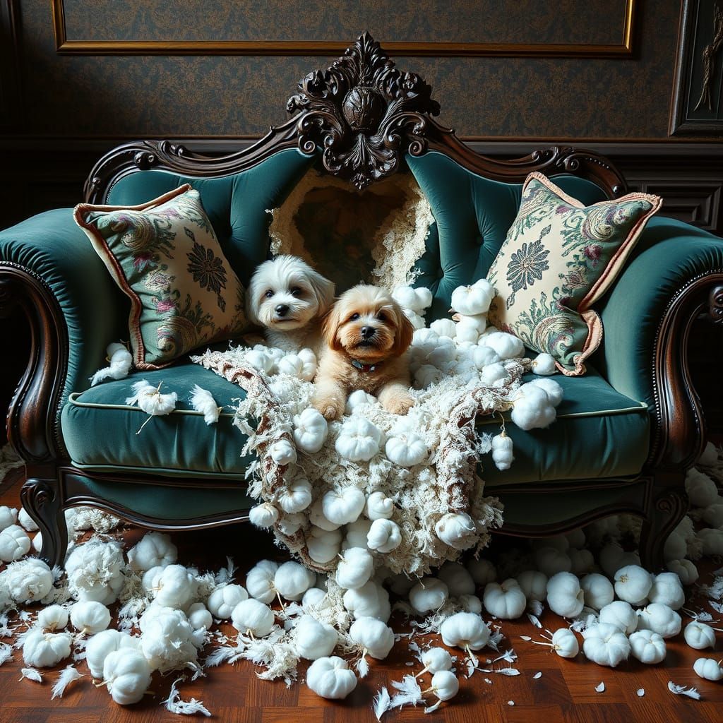 Playful Dog Destroys Luxurious Sofa: Photorealistic Image