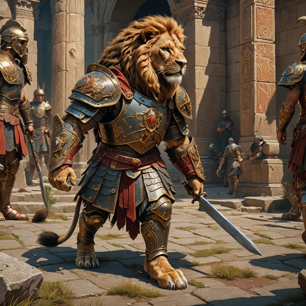 Roman Lion Warrior in Detailed Gouache Style