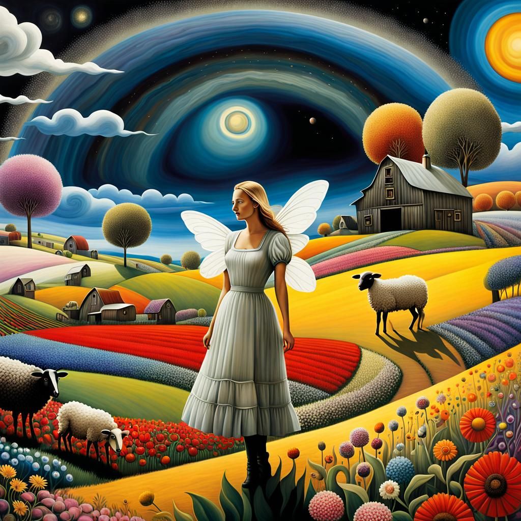 Surreal Earth Farmscape with Grazing Sheep