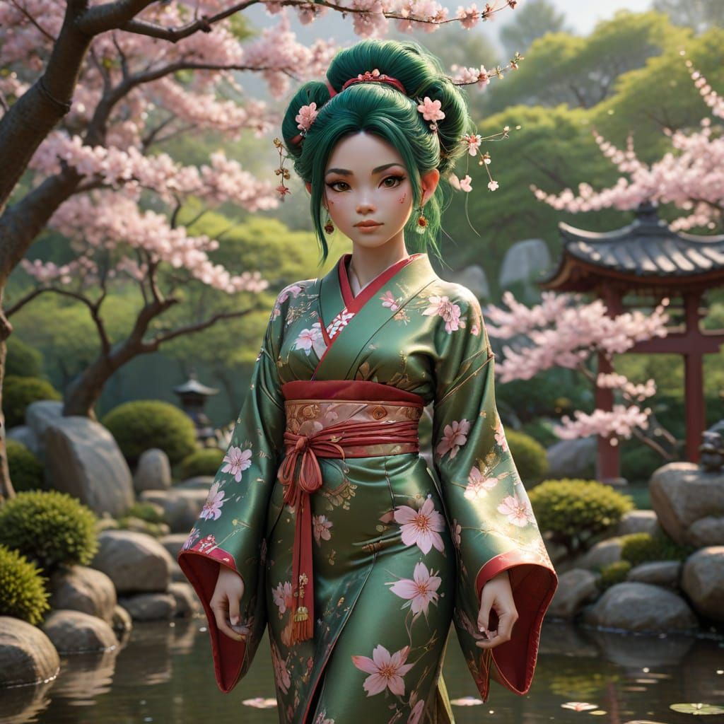 Elegant Troll in Japanese Garden with Kimono