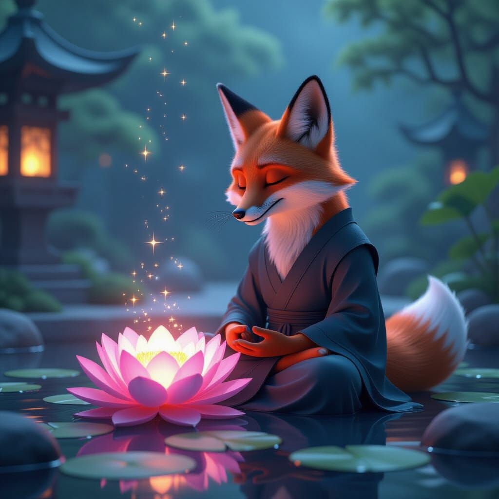 Serene Monk Fox Meditating in Enchanted Zen Garden