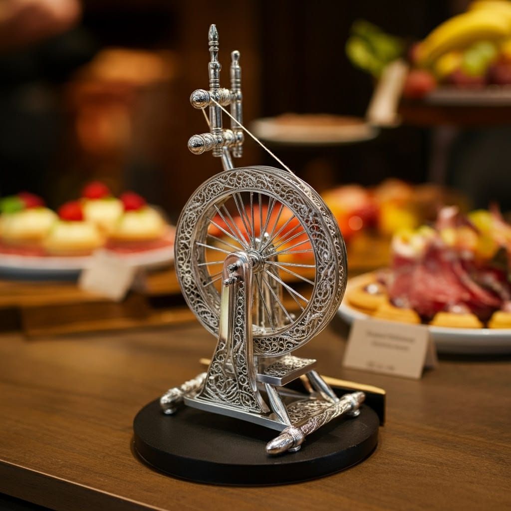 Elegant Silver Spinning Wheel Amidst Gourmet Delights in Art...