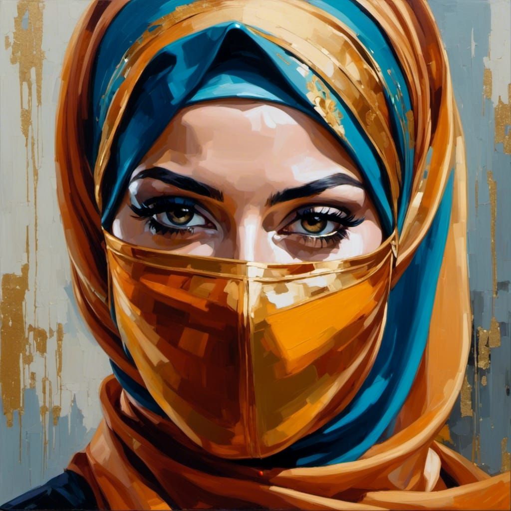 Beautiful Masked Woman Portrait in Oil Gouache Style
