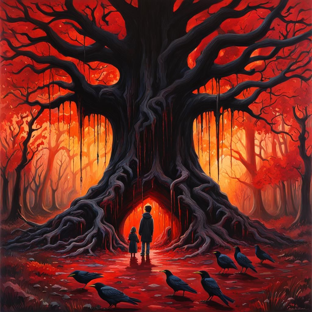 Creepy Children Staring at Portal Tree in Horror Clearing