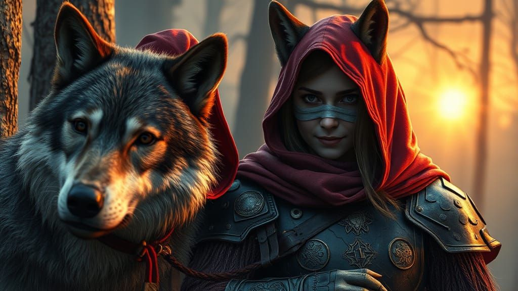 Armored Red Riding Hood with Wolf, Detailed 3D Rendering