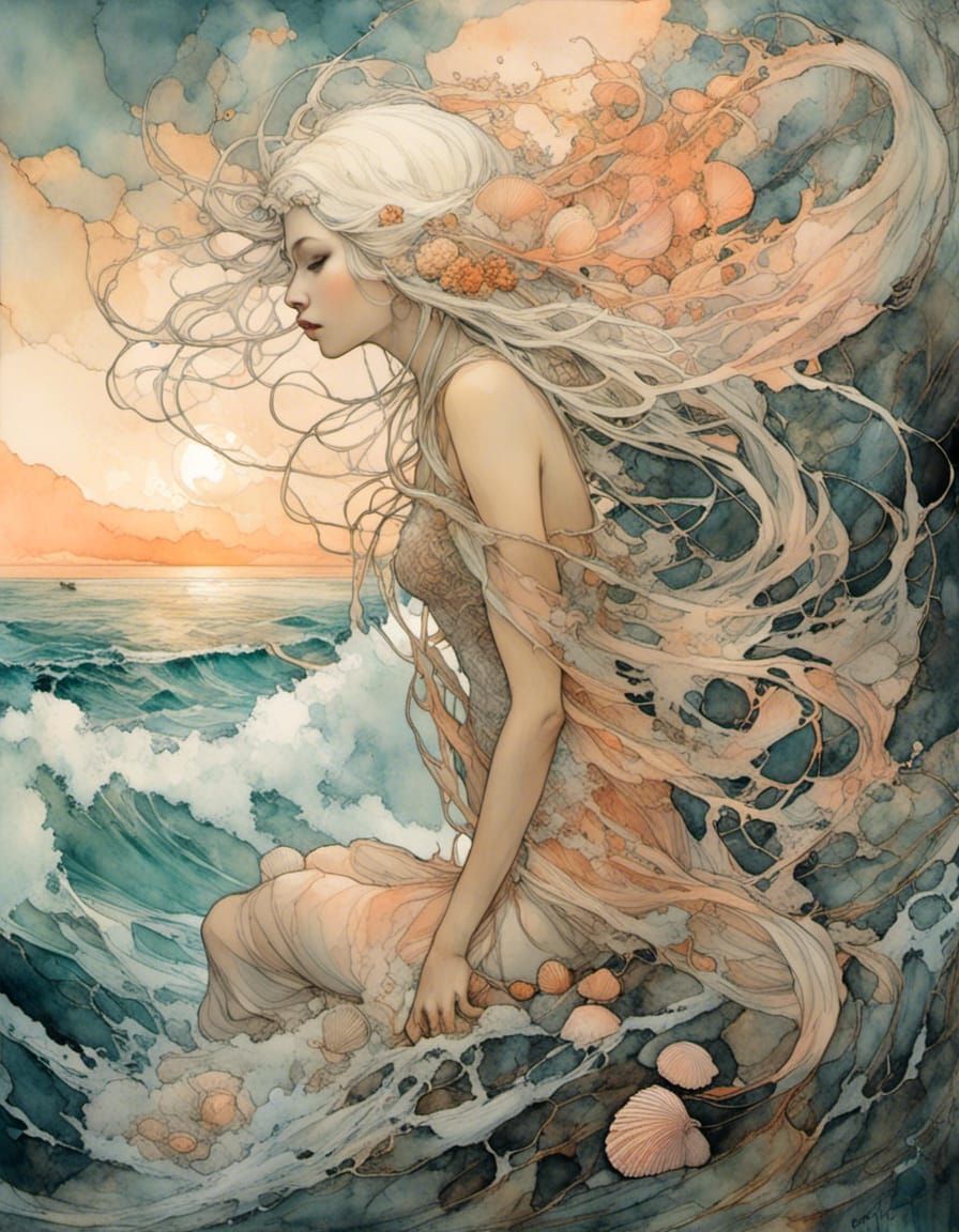 Seashell Mermaid in Watercolor Art Style