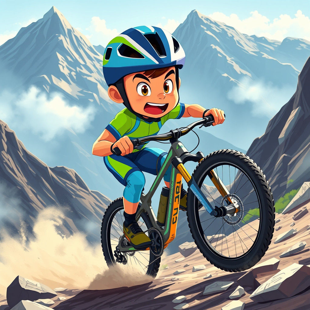 Cartoon Racer on Mountain Bike: Cel-Shaded 3D Illustration