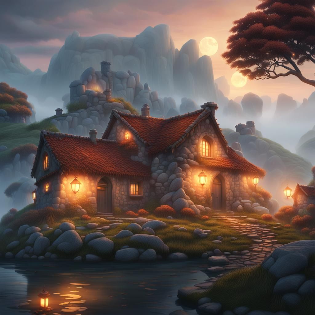 Misty Island Cottages in Dreamy Watercolor Style