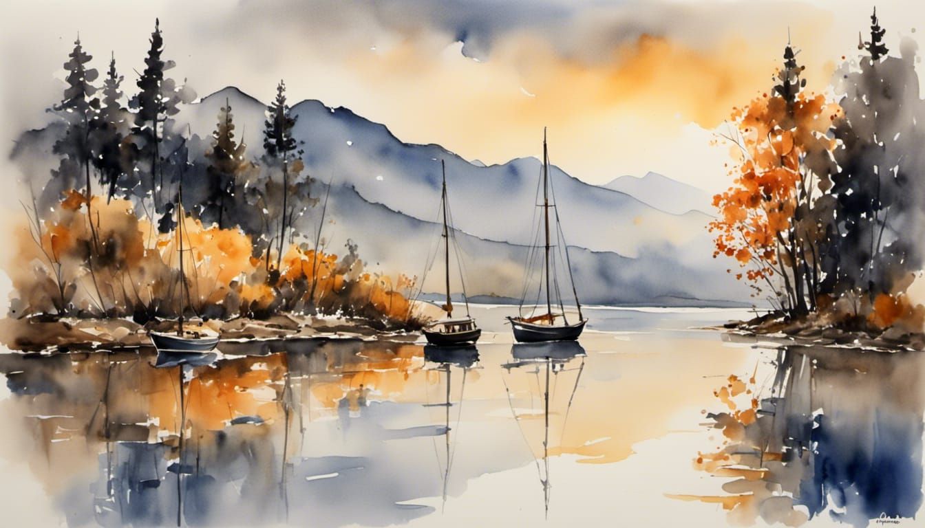 Ink Wash Painting of River at Golden Dusk