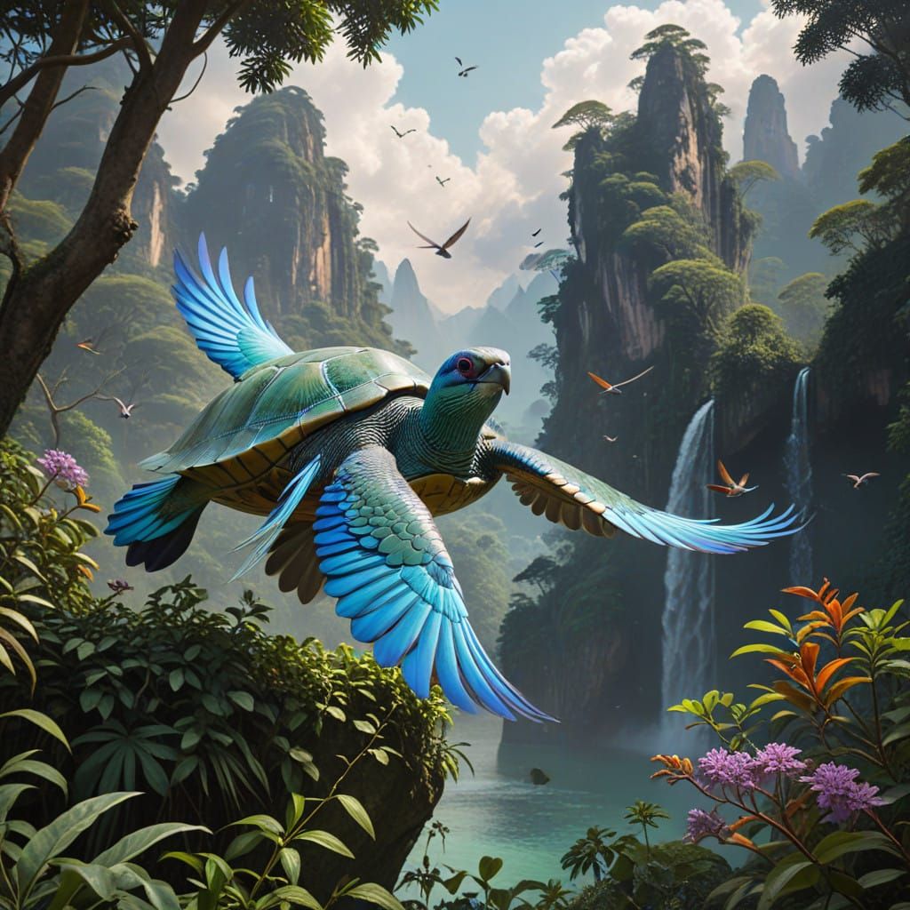 Mystical Turtle Amidst Whimsical Clouds and Mountains