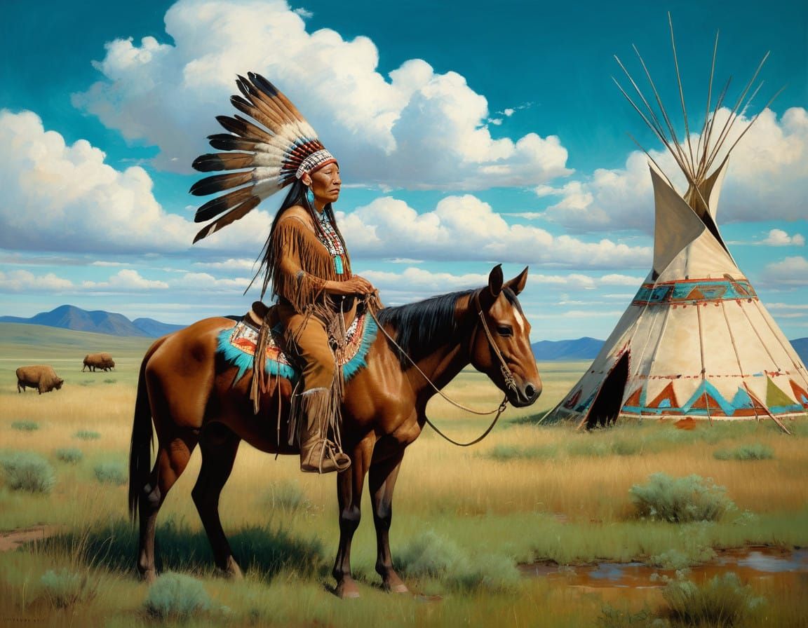 Native American Woman in Traditional Deerskin Attire, Horse,...