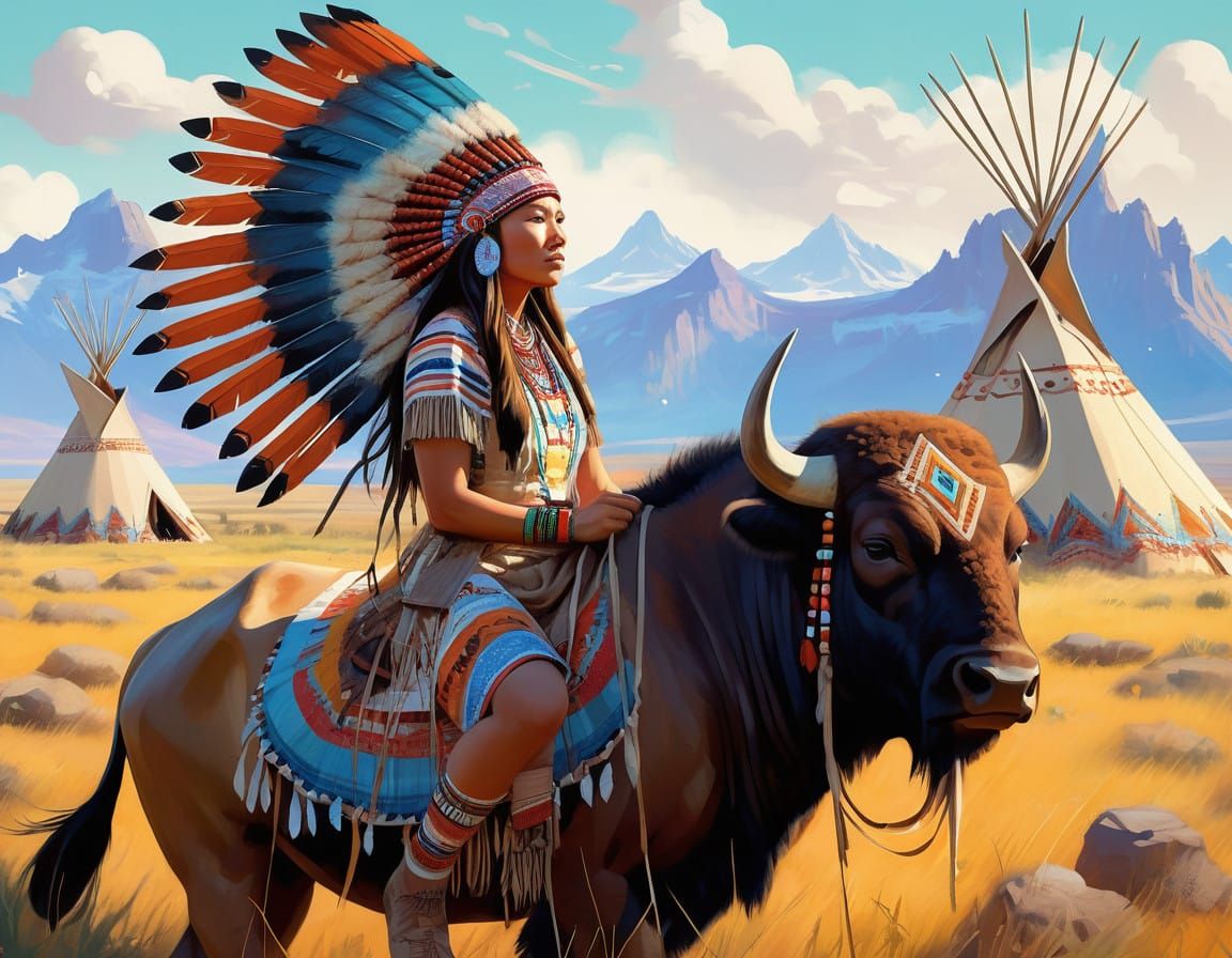 Native Woman on Majestic Buffalo in Colorful Reservation Lan...