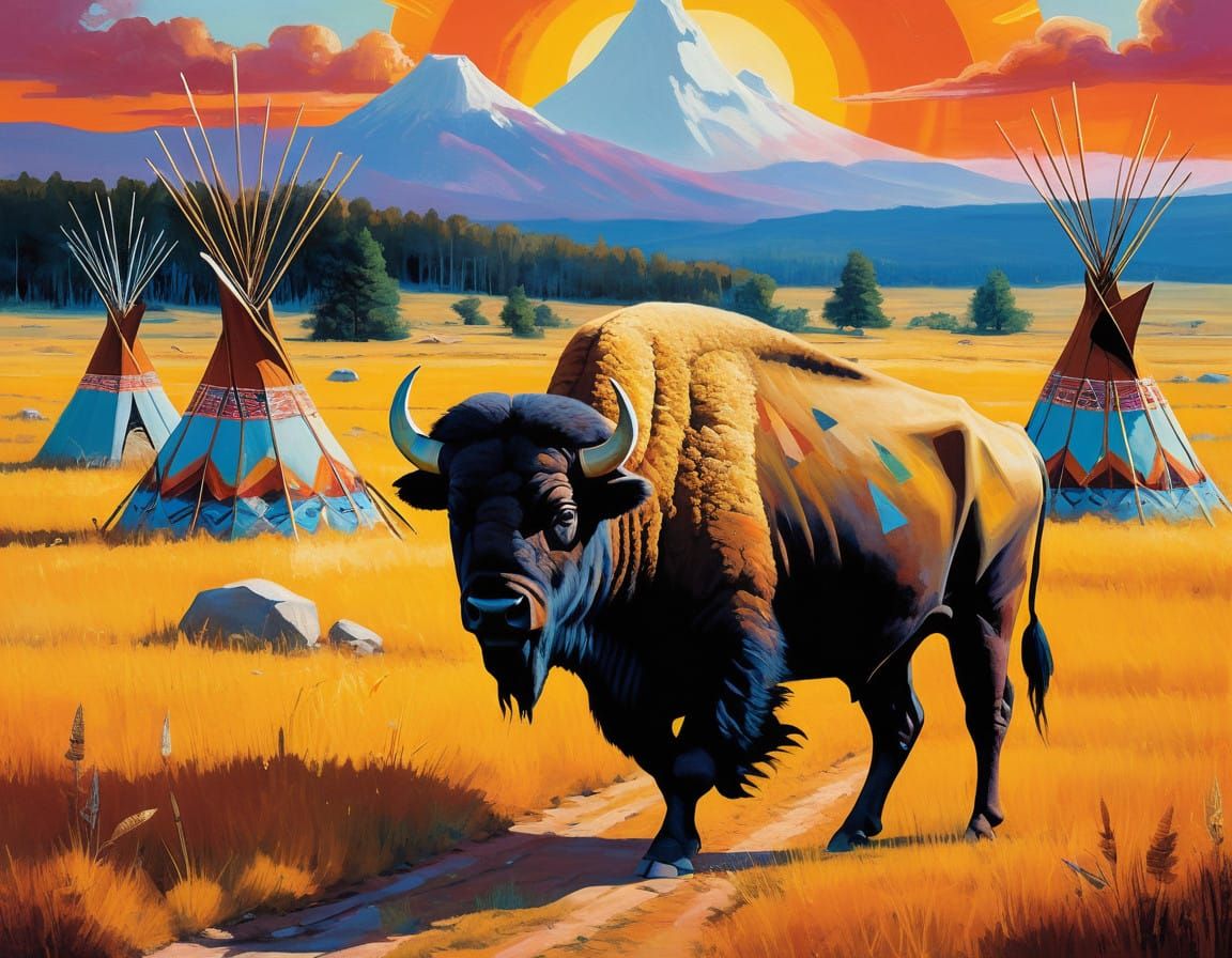 Majestic Buffalo Roams Free in Vibrant Native American Lands...