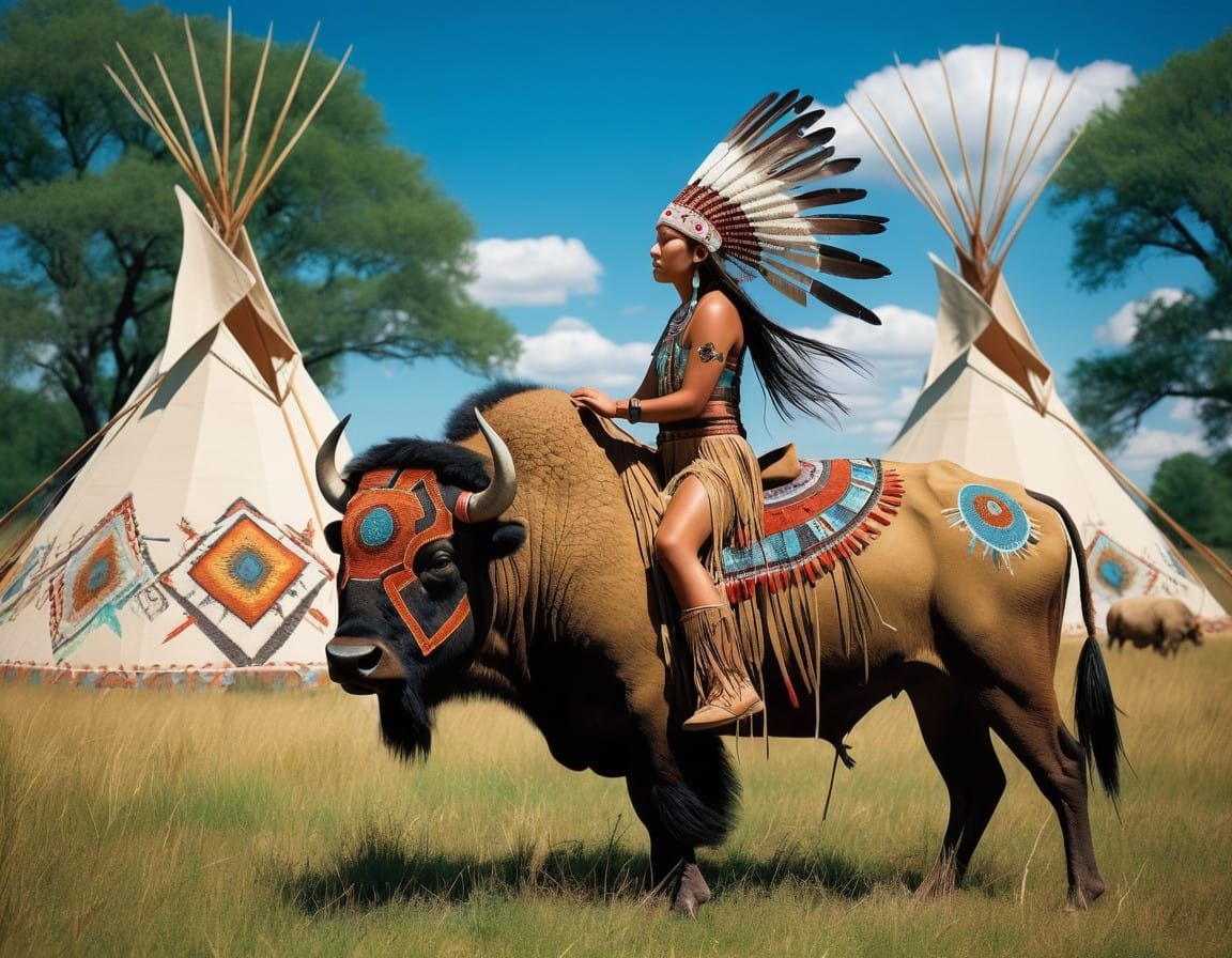 Native American Warrior Rides Buffalo in Vibrant Plains Land...