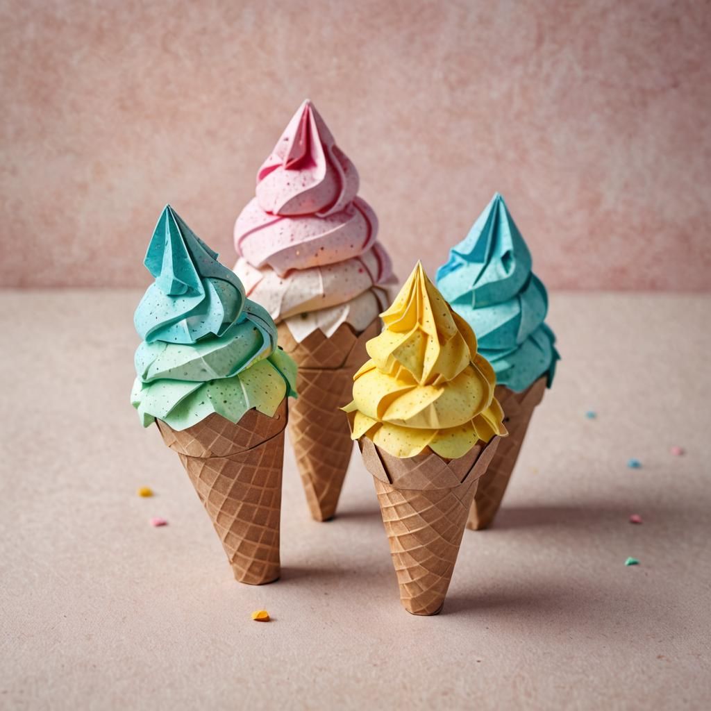 Origami Papercraft: Pastel Ice Cream Cones Still Life