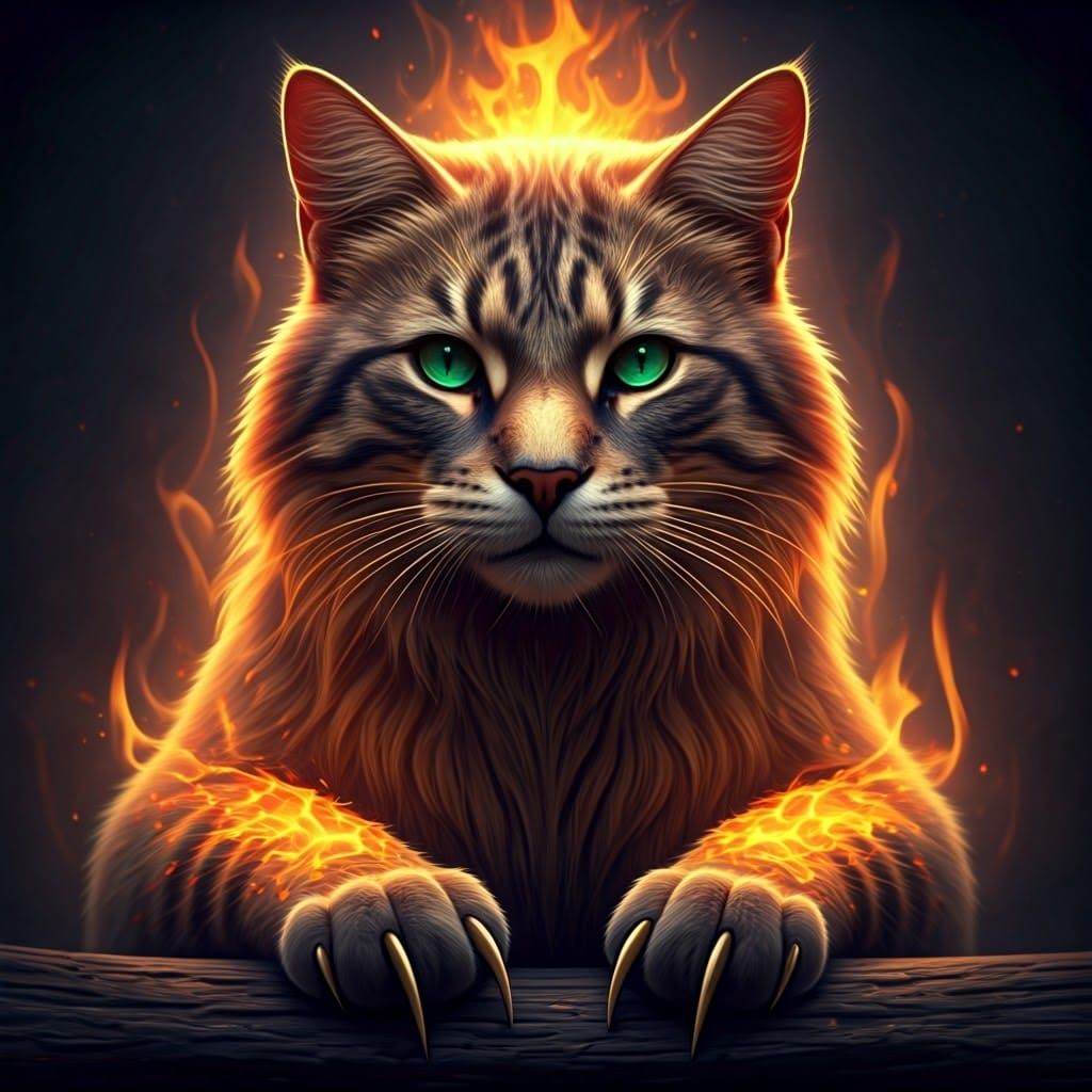 Majestic Fiery Cat with Ethereal Flames