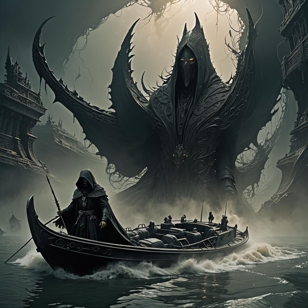 Futuristic Charon Navigating the River Styx