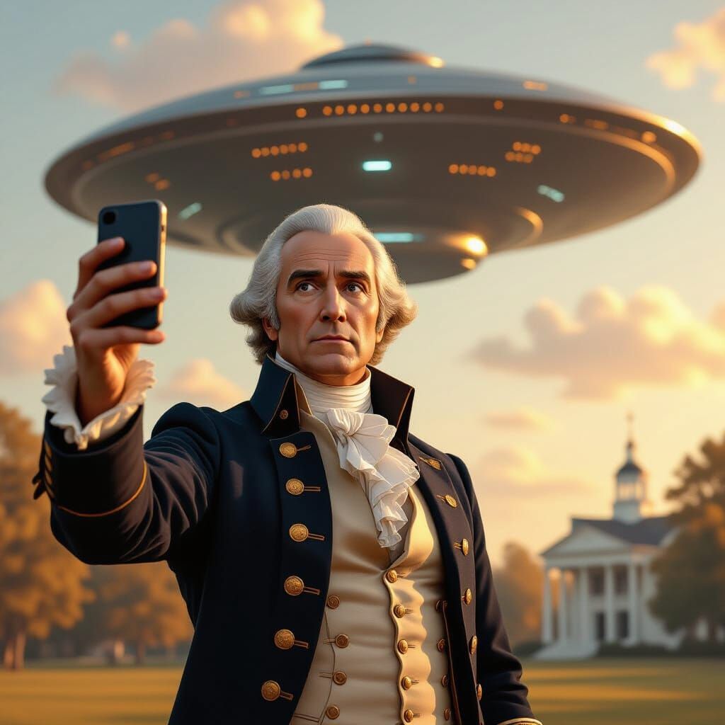 George Washington Selfie with Spaceship in Futuristic Style