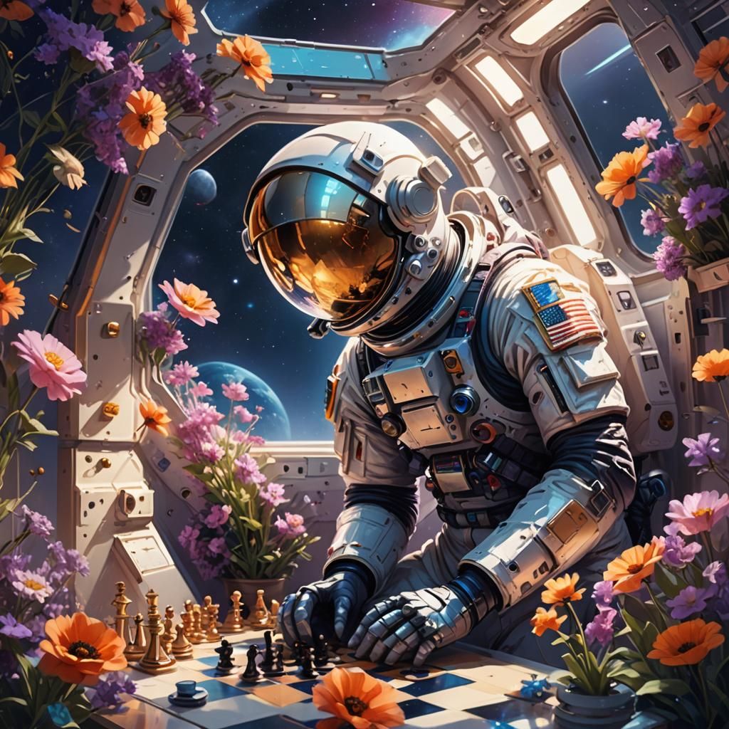Astronaut's Chess Game in Dreamlike Space Station