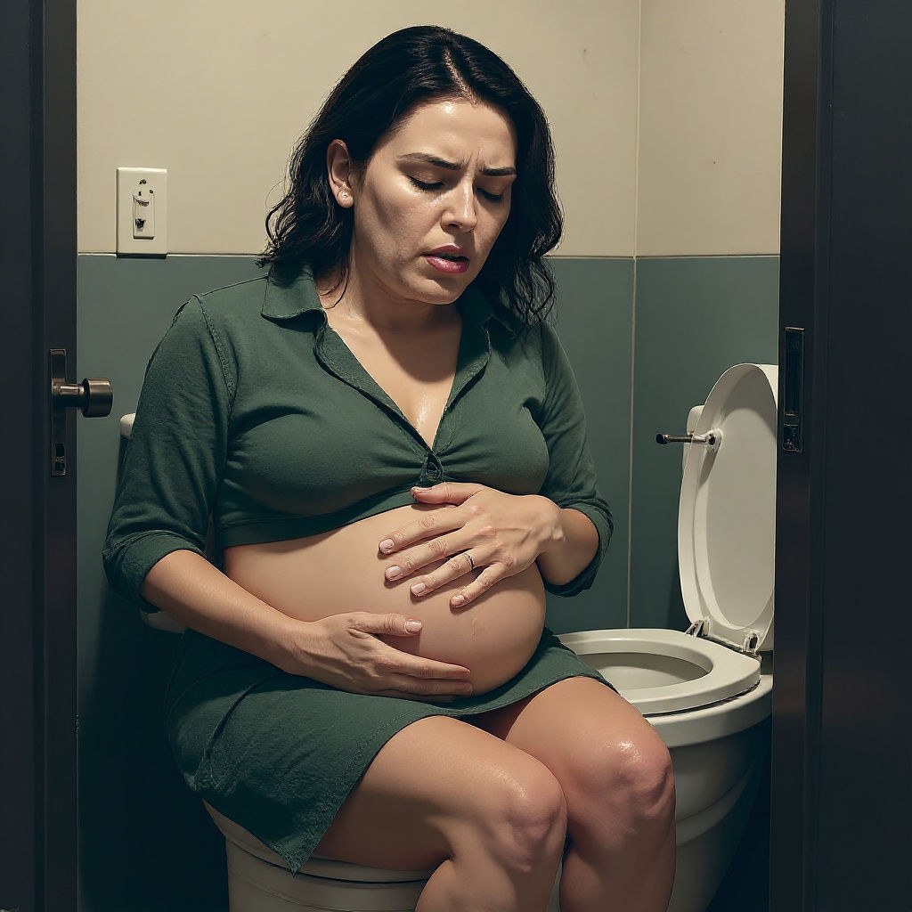 Nauseated Woman in Restroom After Overeating