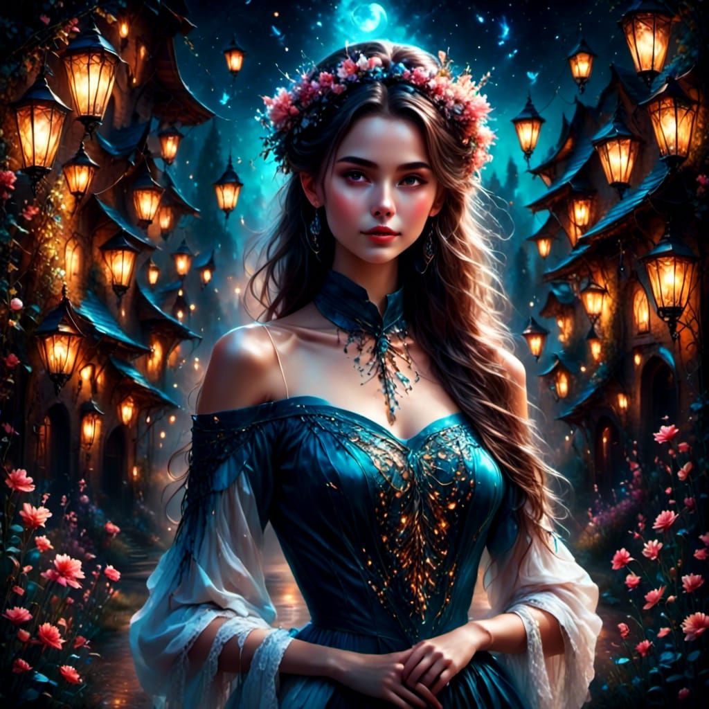 Enchanted Night Scene with Horses and Fireflies