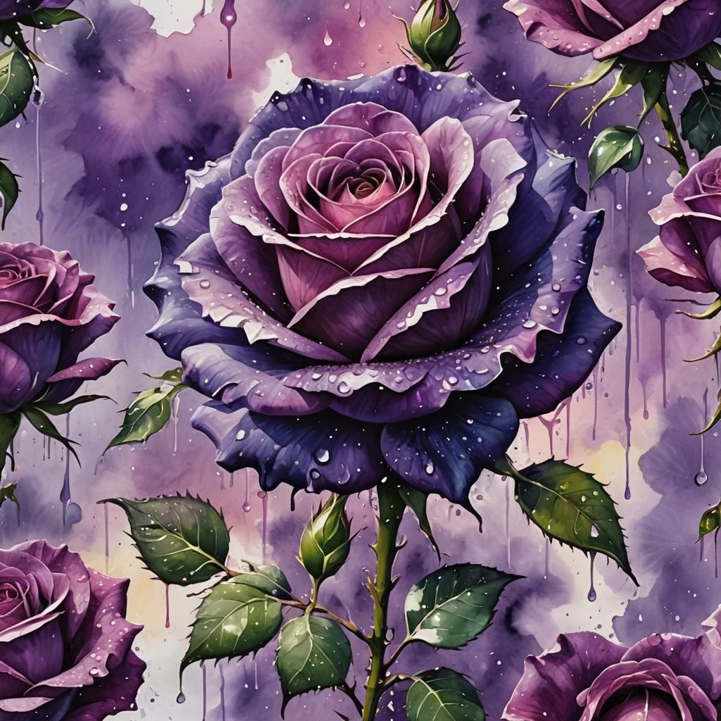 Tachisme Dynamic Brushwork of a purple rose with dew drops