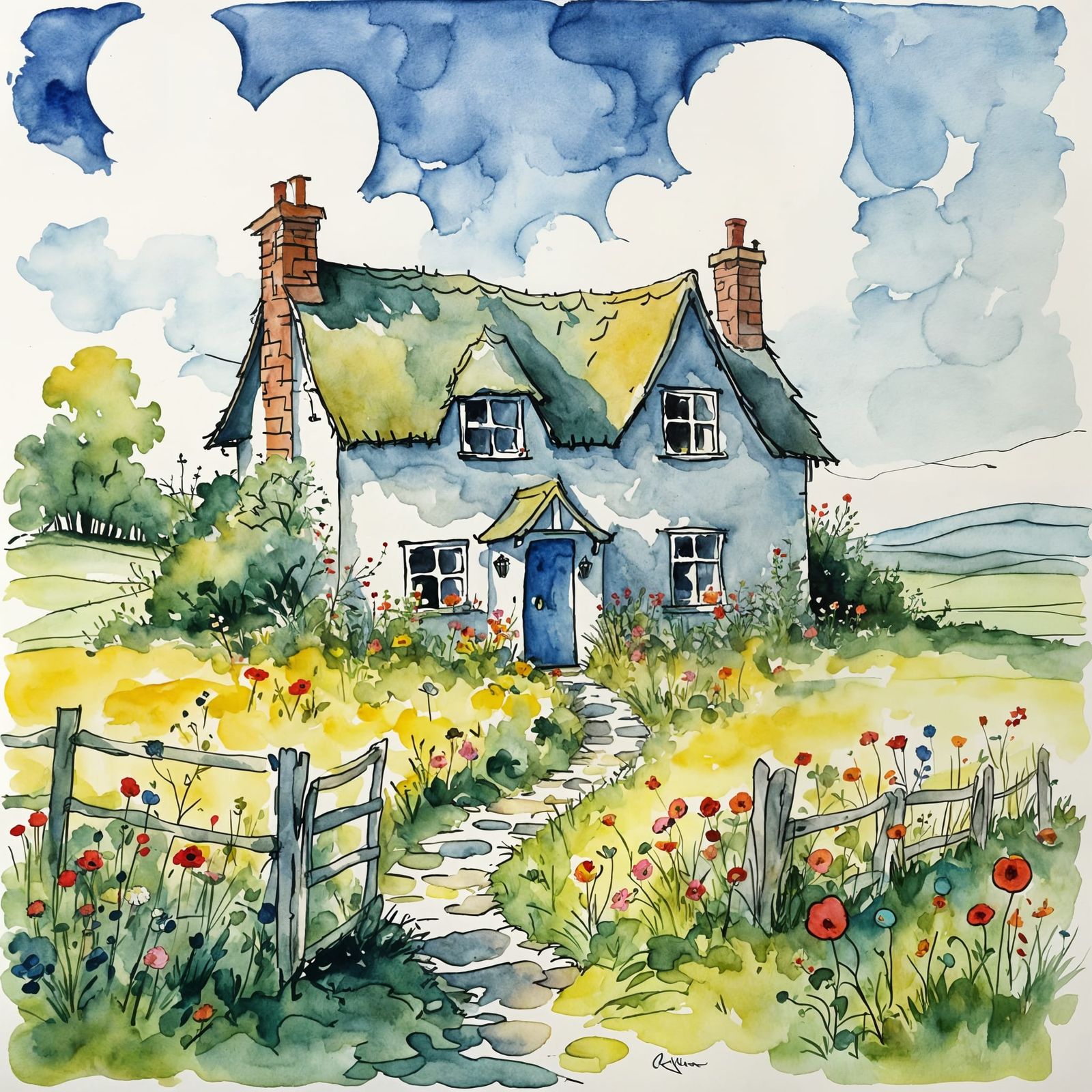Whimsical Cottage in Meadow Watercolor Illustration