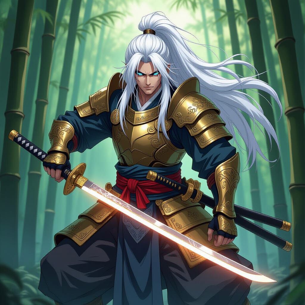 Fierce Anime Samurai in Bamboo Forest