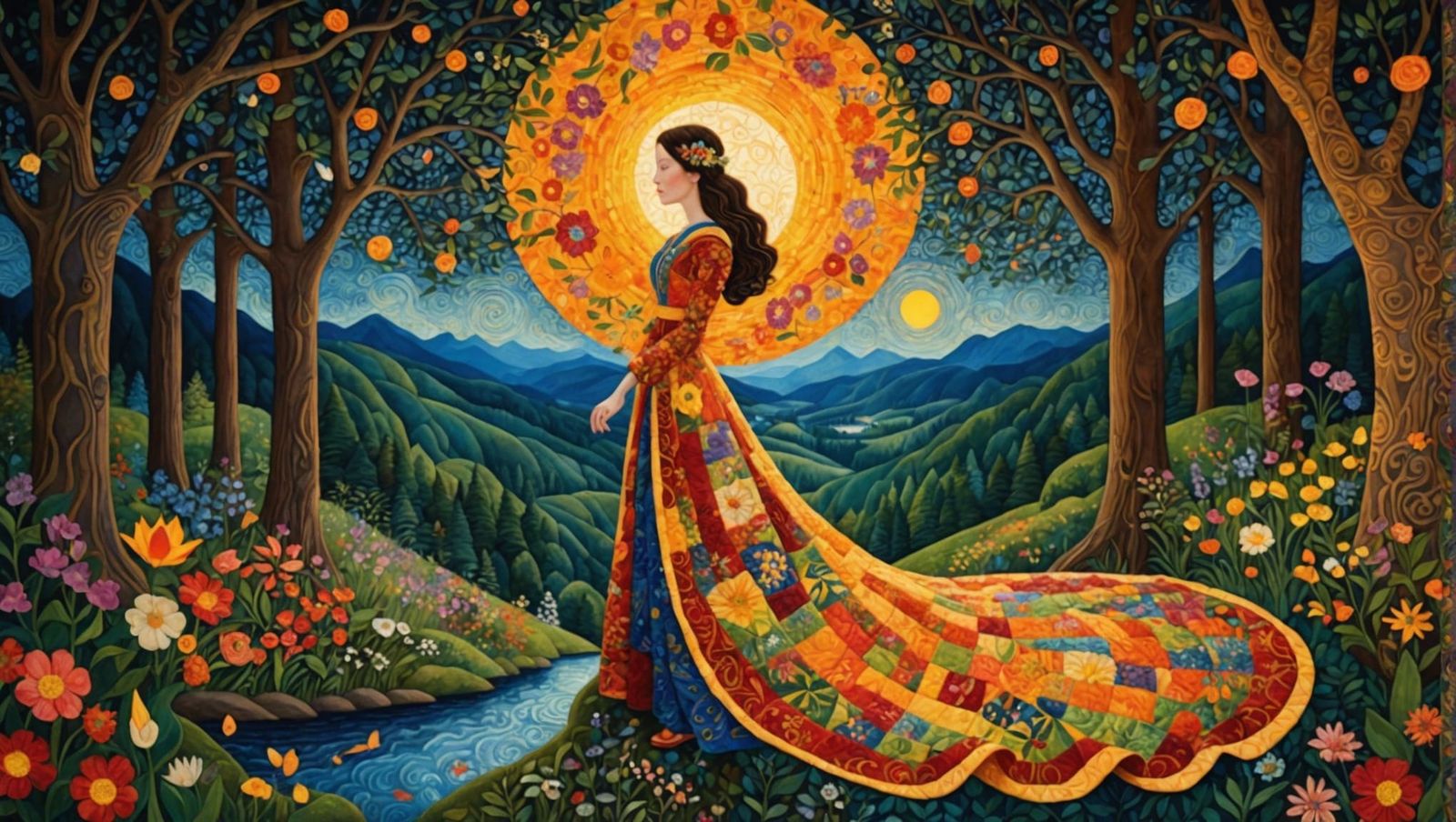 Quilted Sunset Woman in Enchanted Forest