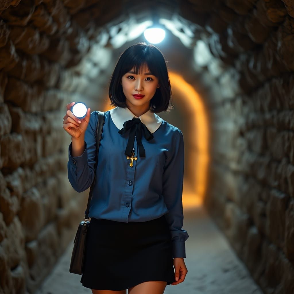 Korean Woman with Flashlight in Catacomb