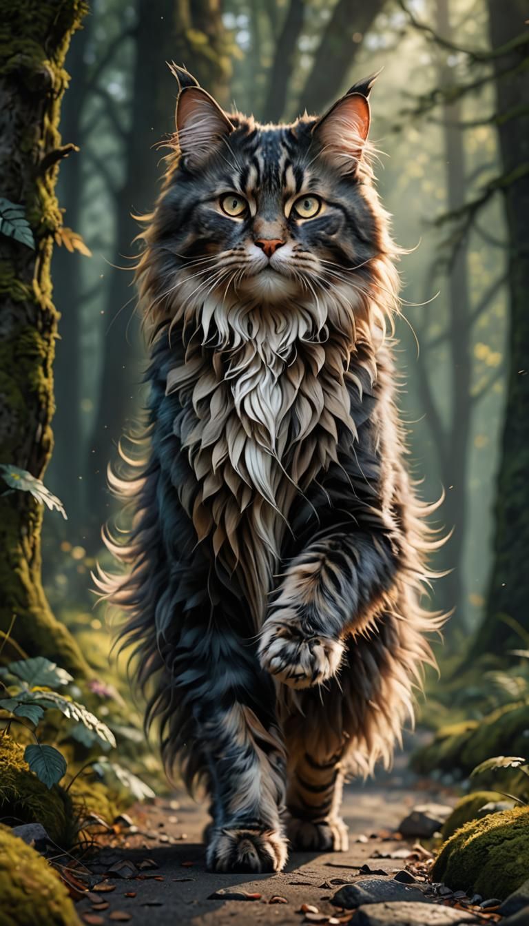 Norwegian Forest Cat Walking: Detailed Fantasy Art