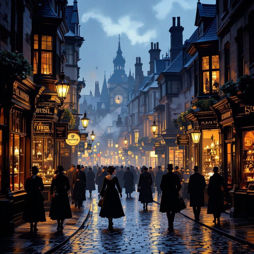 Victorian Street Market at Twilight, Atmospheric Realism