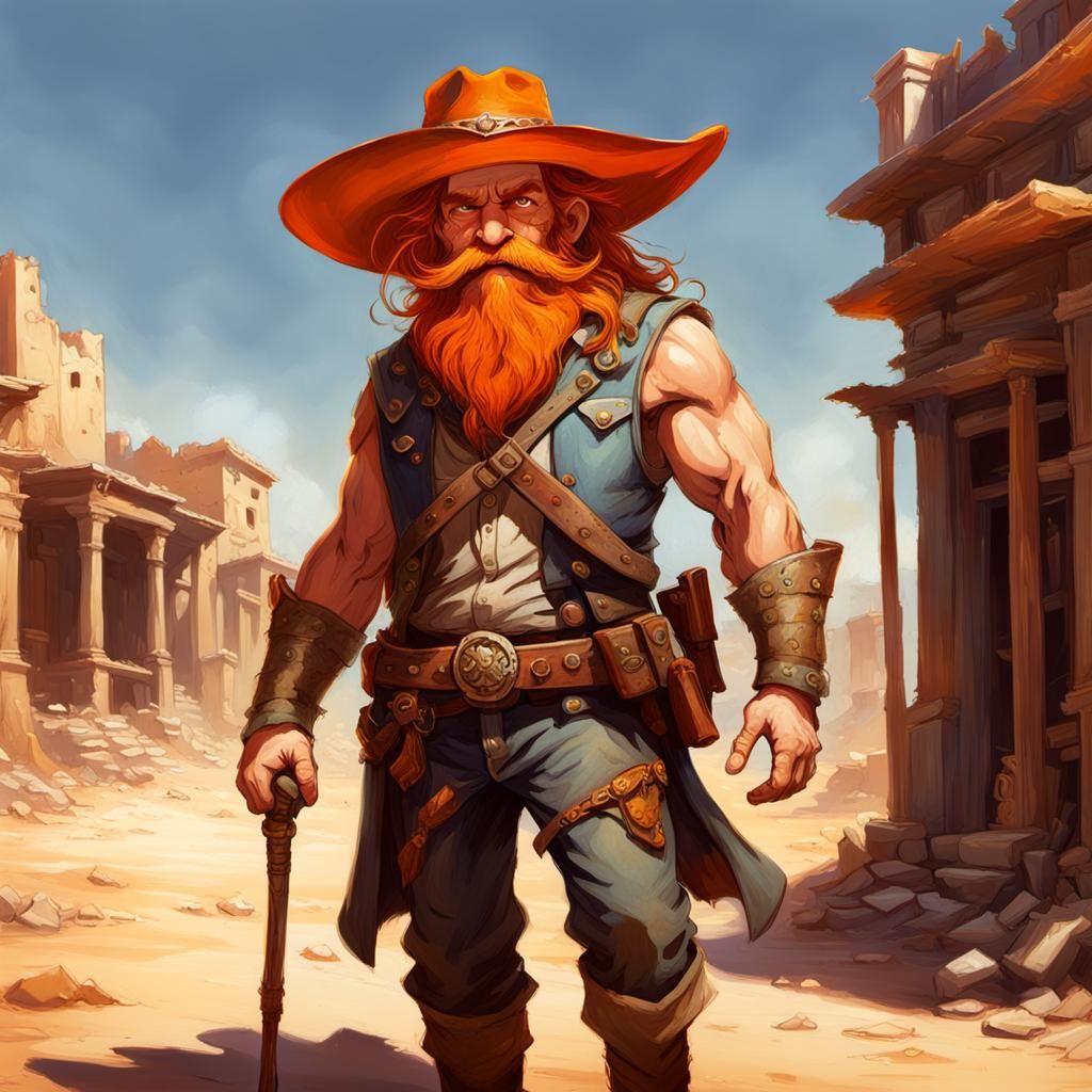 Dwarf Gunslinger in Abandoned Western Town: 3D Render