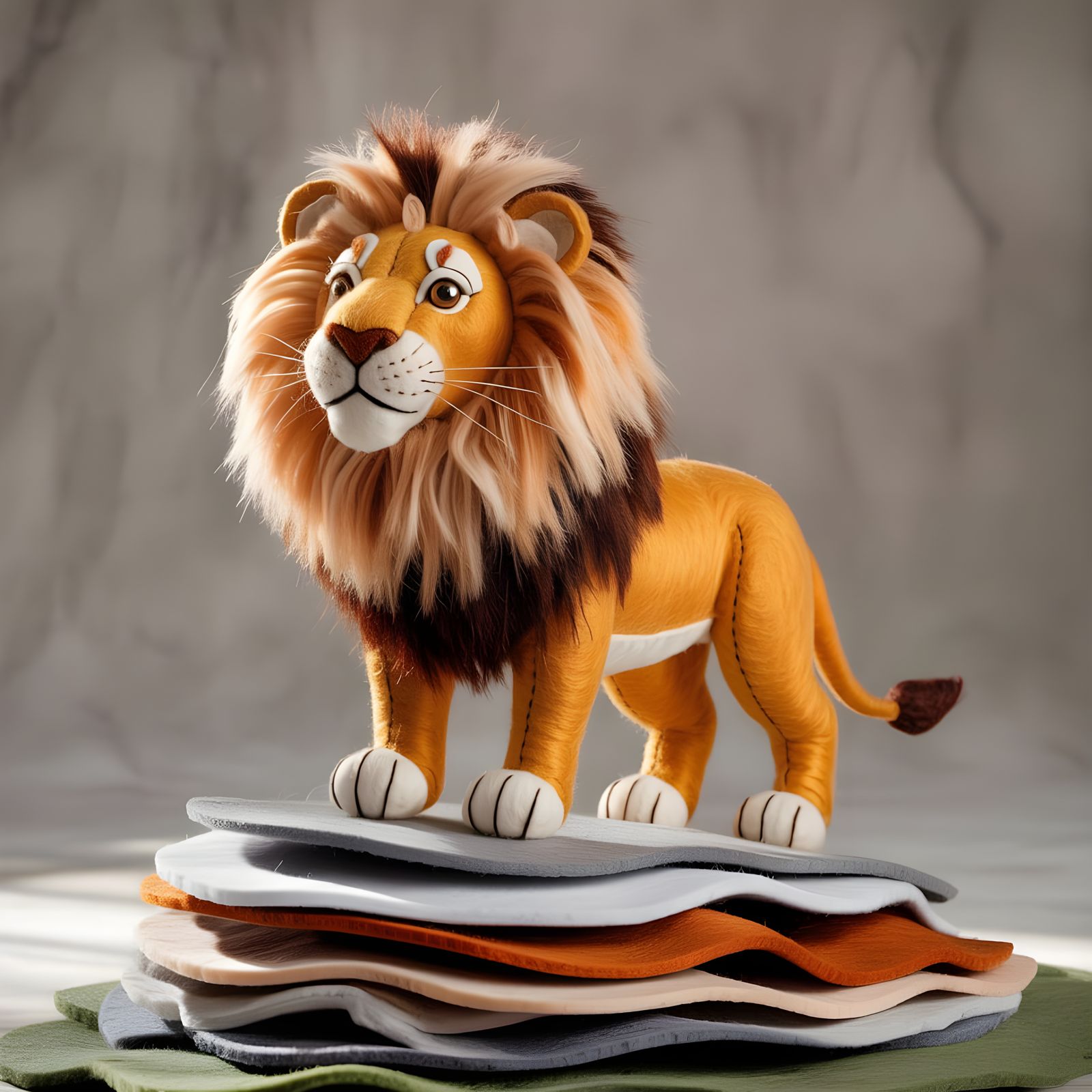 Surreal Felt Lion on Rocky Outcrop: 3D Render