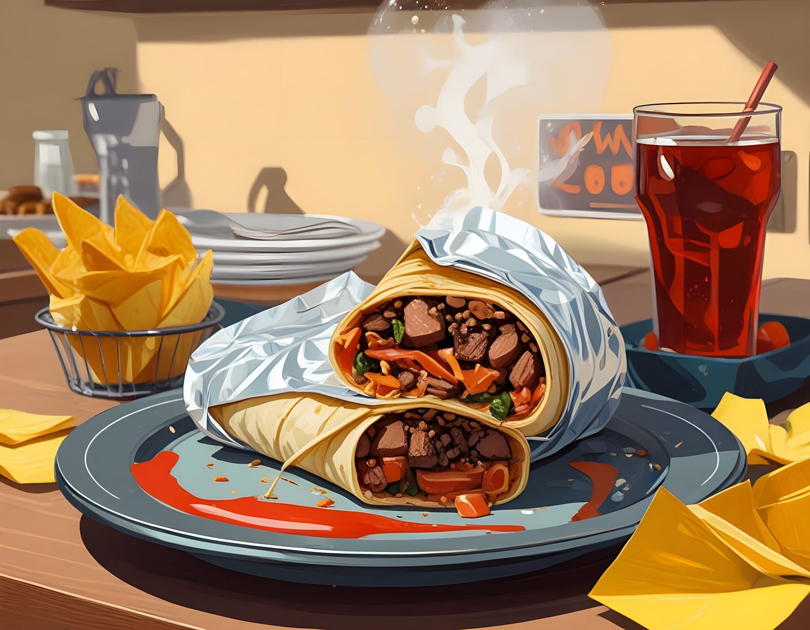 Vibrant Burrito Scene in Anime-Inspired Style