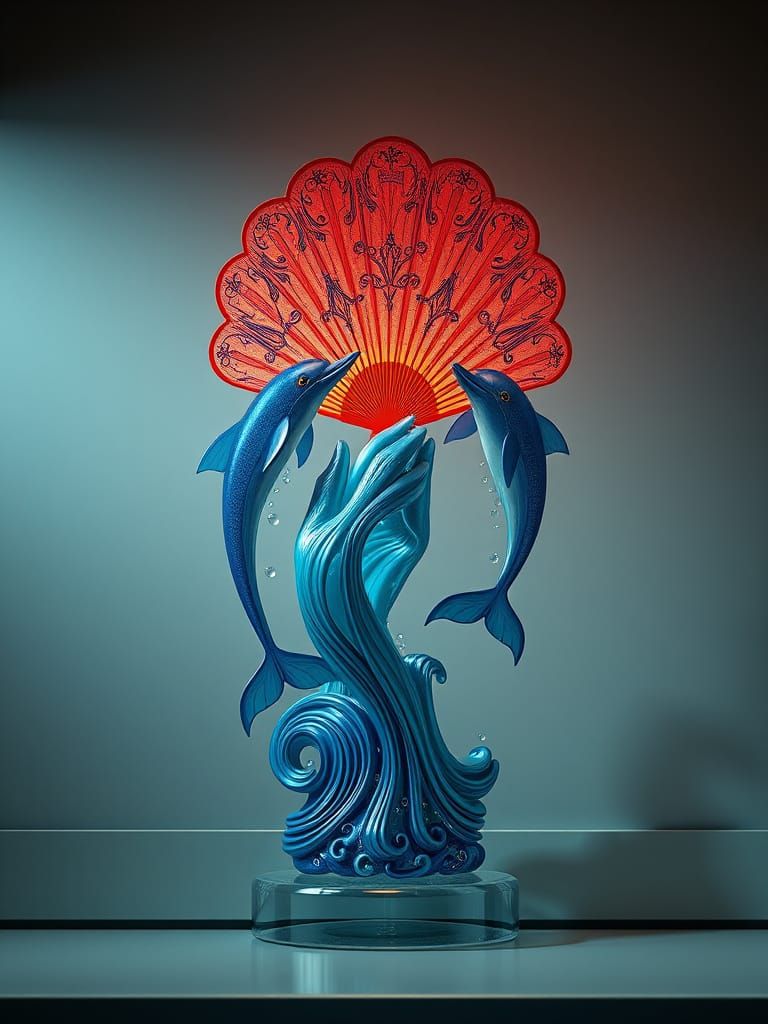Fantastical Dolphins Amidst Glass Hand Fan, Intricate Quilli...