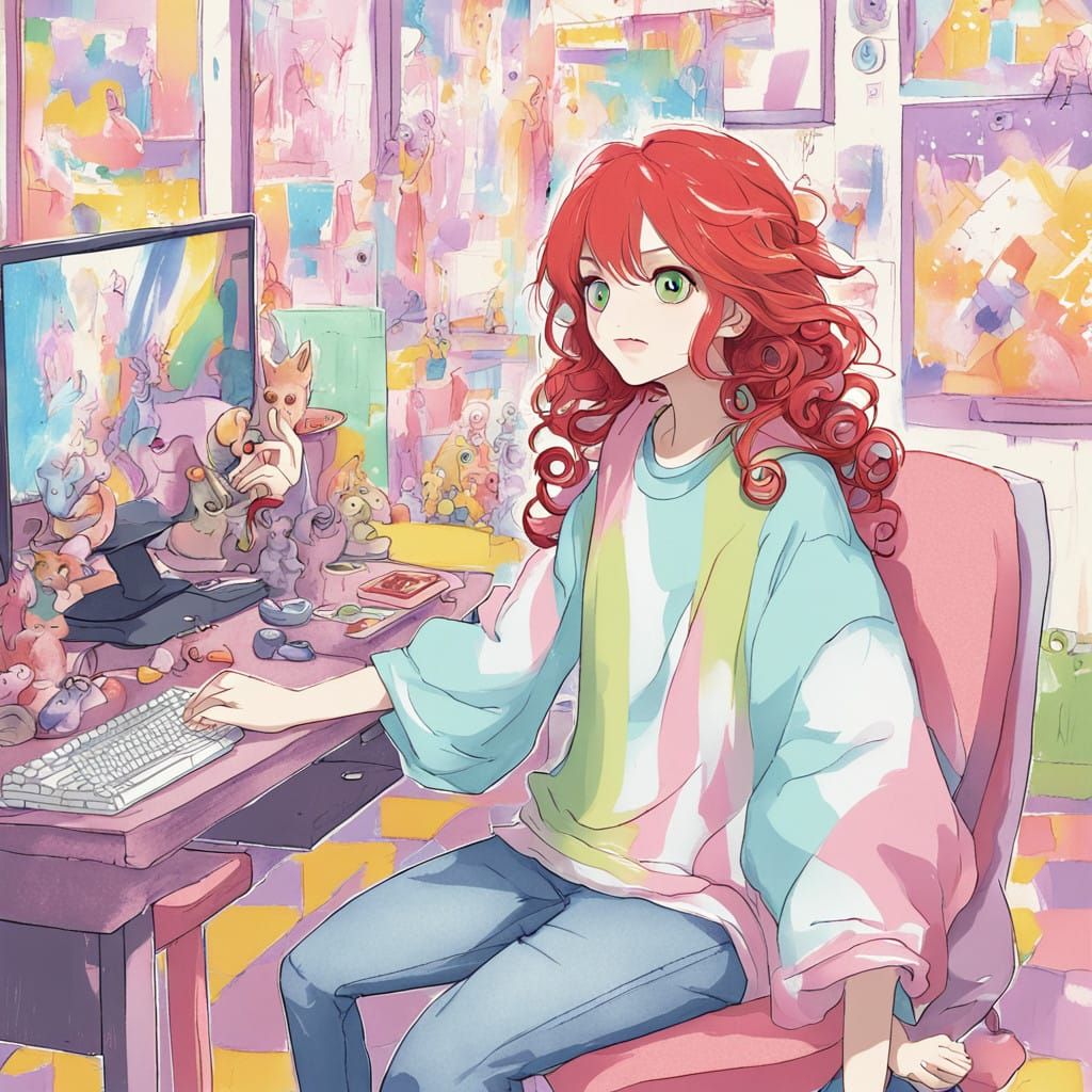 Vibrant Anime Girl Gaming Scene