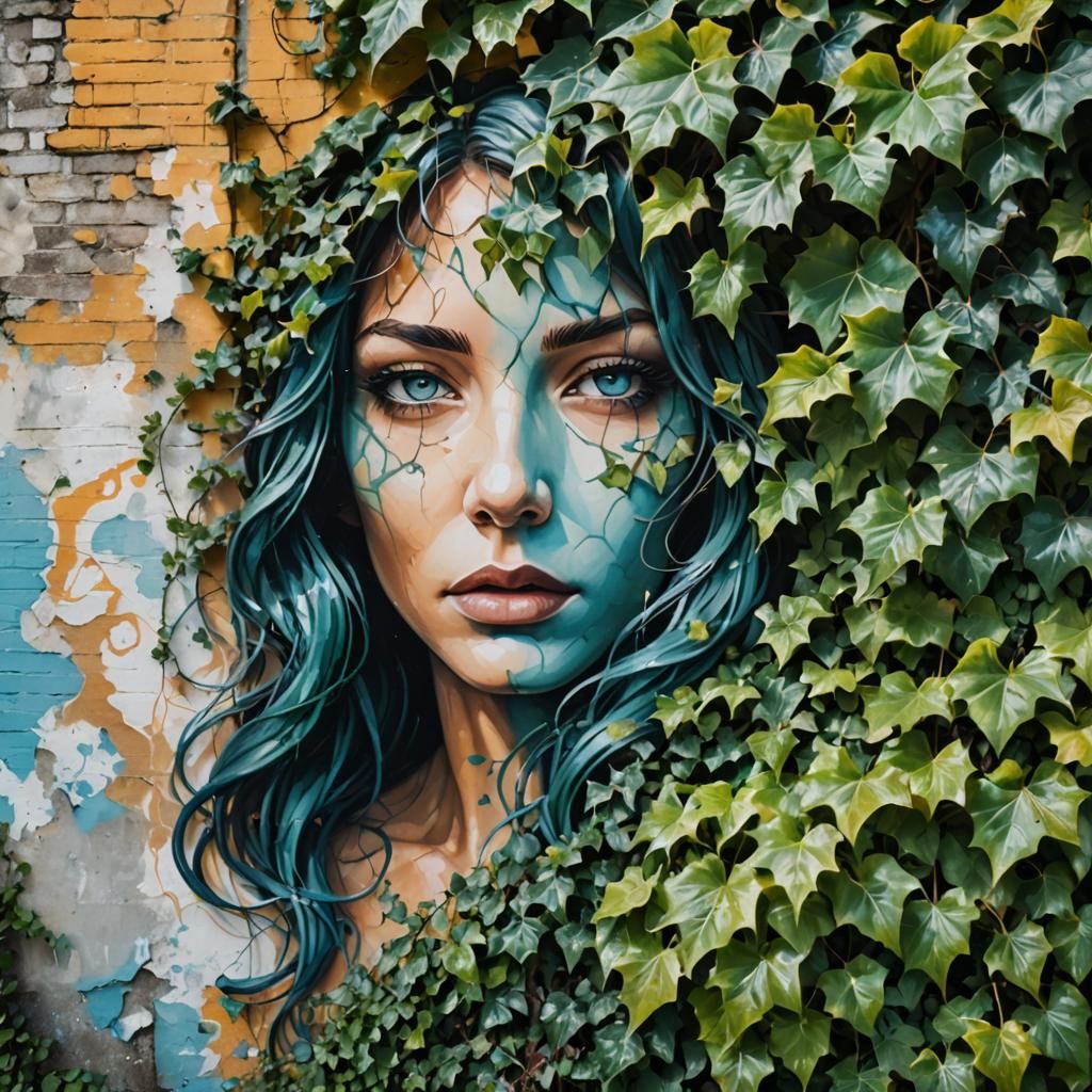 Street Art: Woman's Face in Ivy, Oil Gouache Style