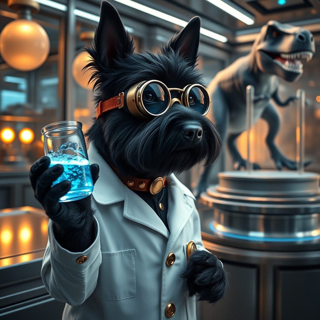 Steampunk Scottish Terrier Scientist in Hypnotic Laboratory