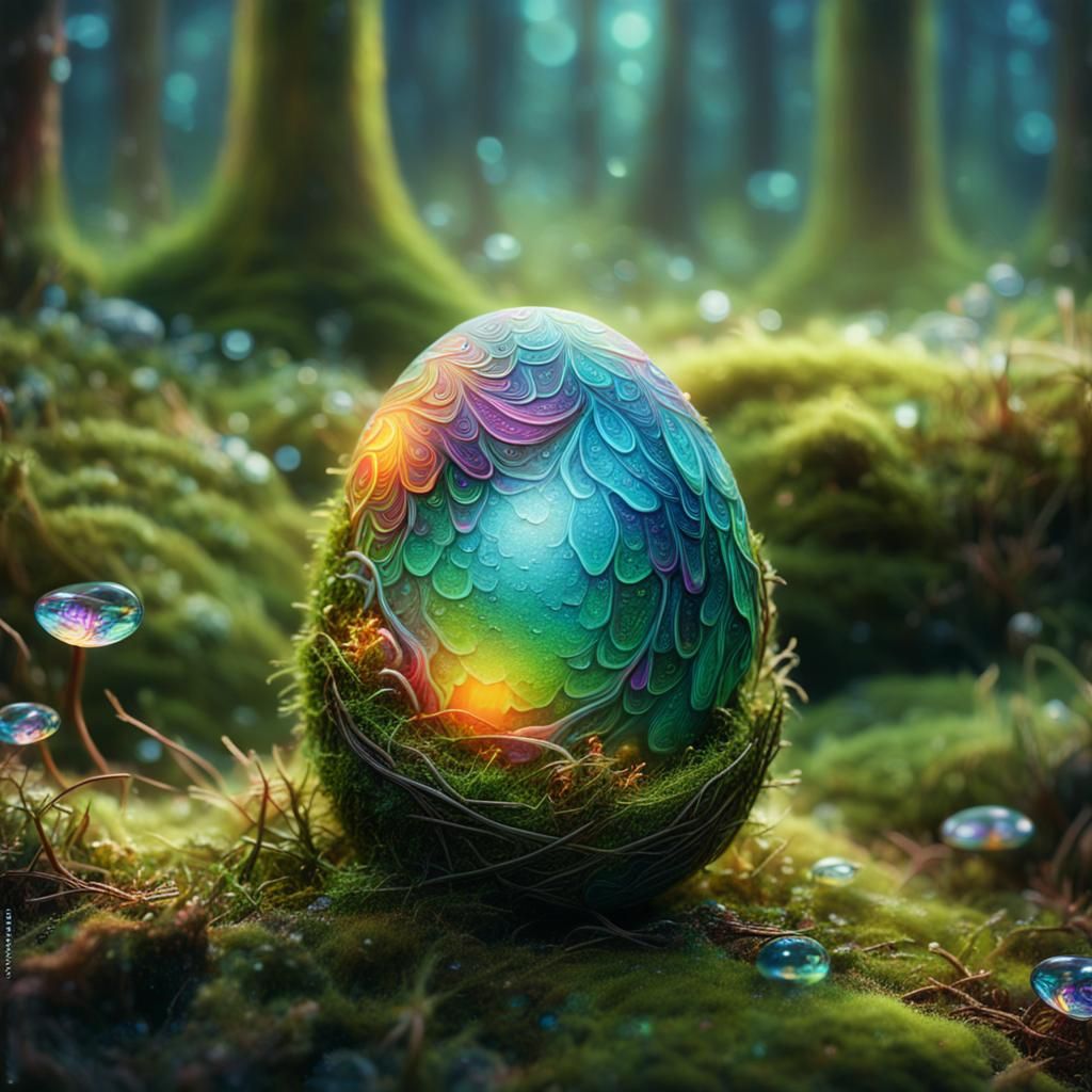Vibrant Bird Egg in Mystical Forest, in Oil Painting Style