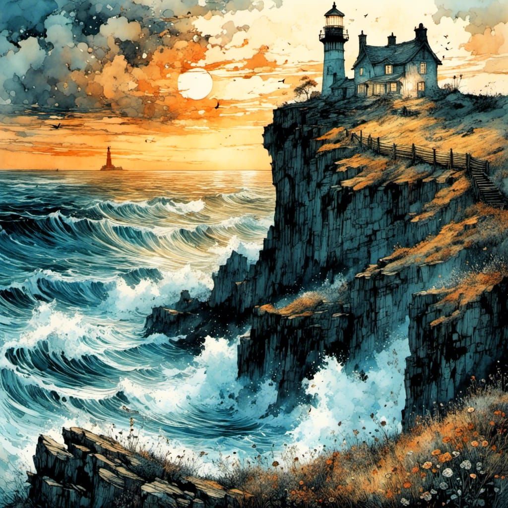 Lighthouse on Cliff at Sunset in Fantasy Style