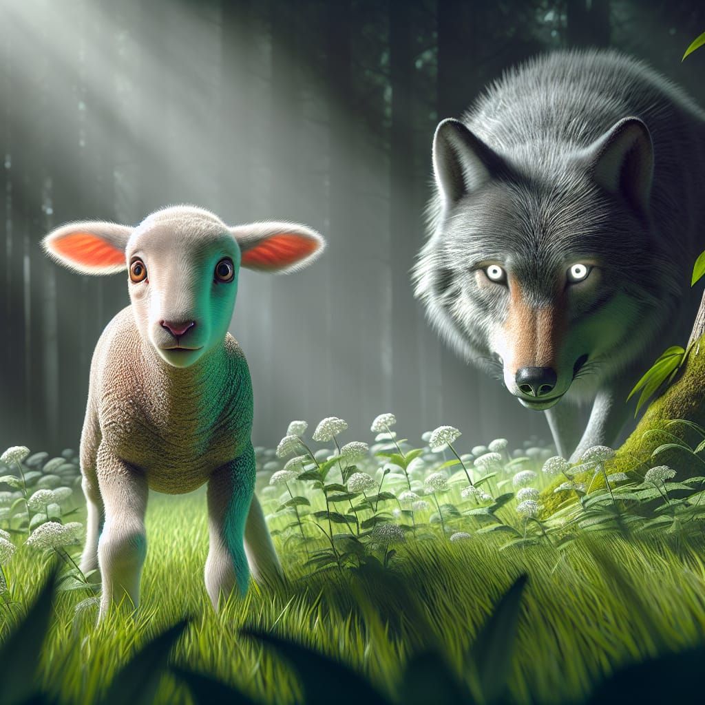 Distressed Lamb and Lurking Wolf in Meadow