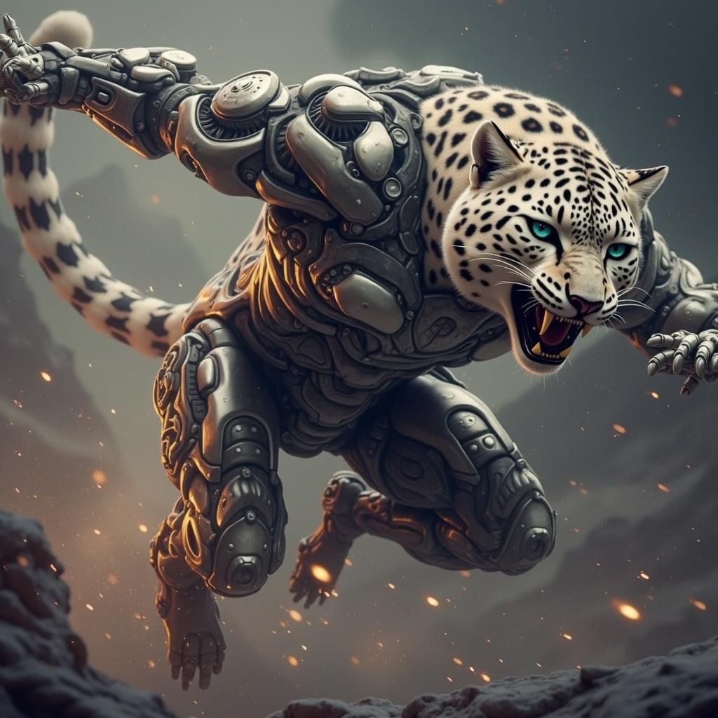 Cyberpunk Snow Leopard in Misty Mountains